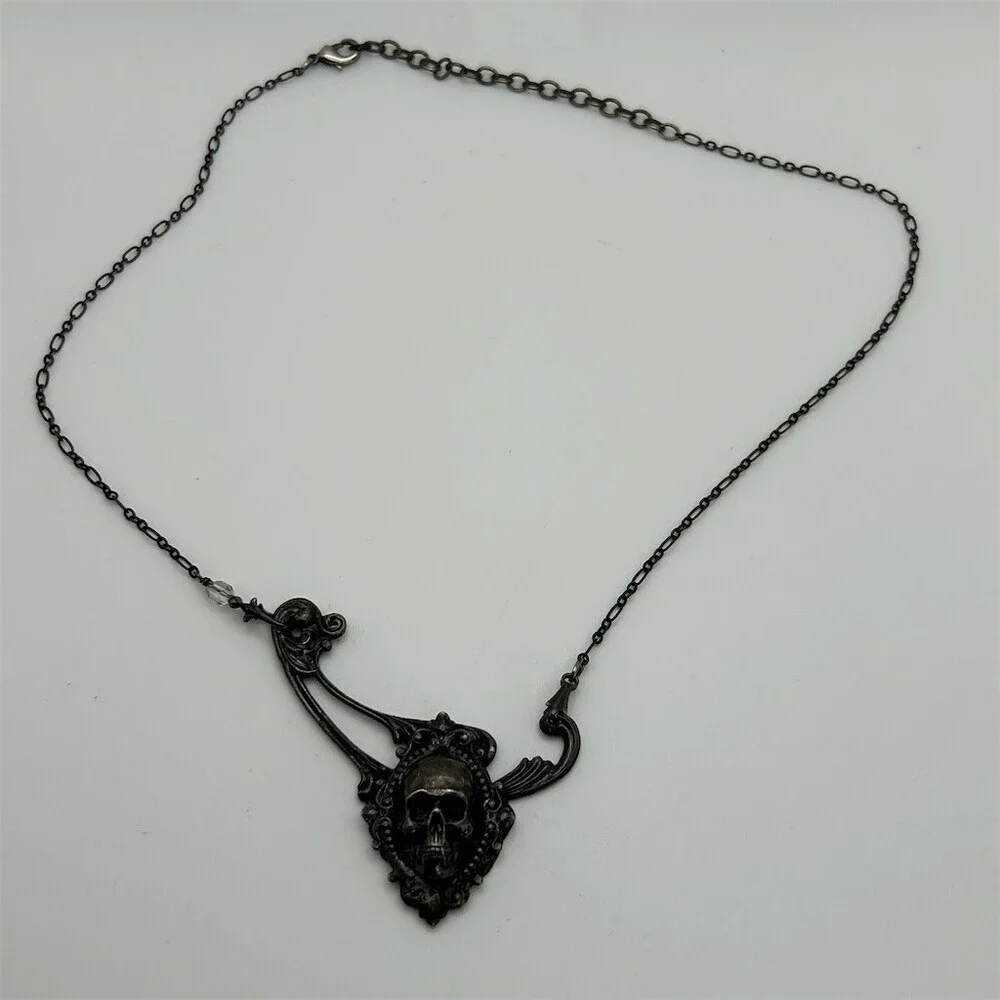 Gothic Skull Pendant Necklace Dark Romantic Victorian Style Statement 19 inches - Picture 6 of 11